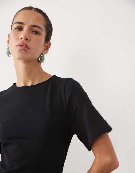 ASOS DESIGN vestito midi nero a maniche corte con dettagli in pizzo e taglio asimmetrico, 3 di 4