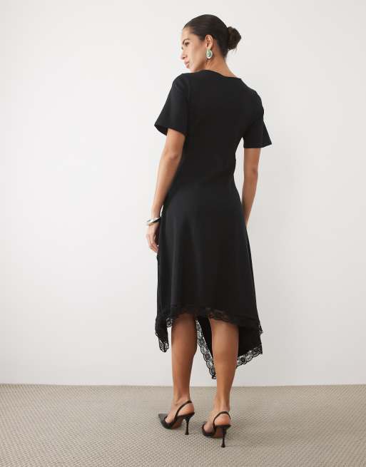 ASOS DESIGN vestito midi nero a maniche corte con dettagli in pizzo e taglio asimmetrico, 4 di 4