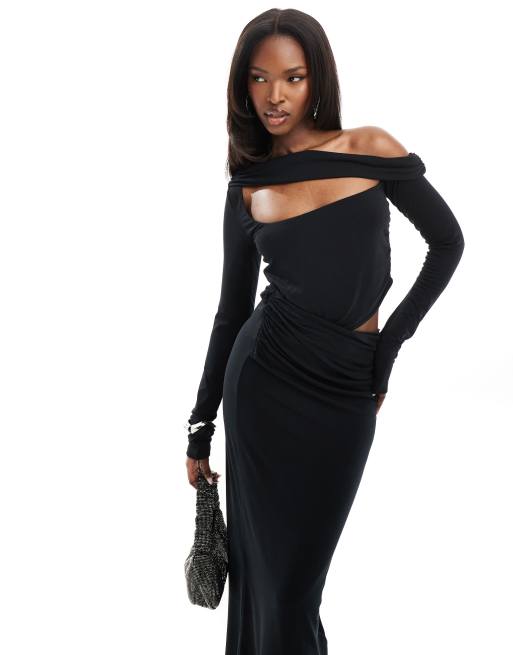 ASOS DESIGN - Vestito midi nero a maniche lunghe asimmetrico e arricciato con cut-out