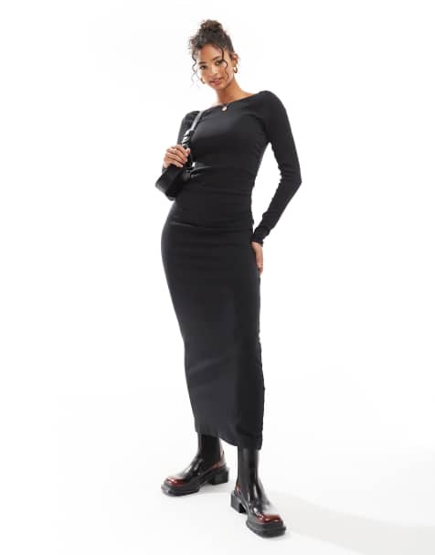 ASOS DESIGN - Vestito midi nero a maniche lunghe con arricciatura laterale - view 1