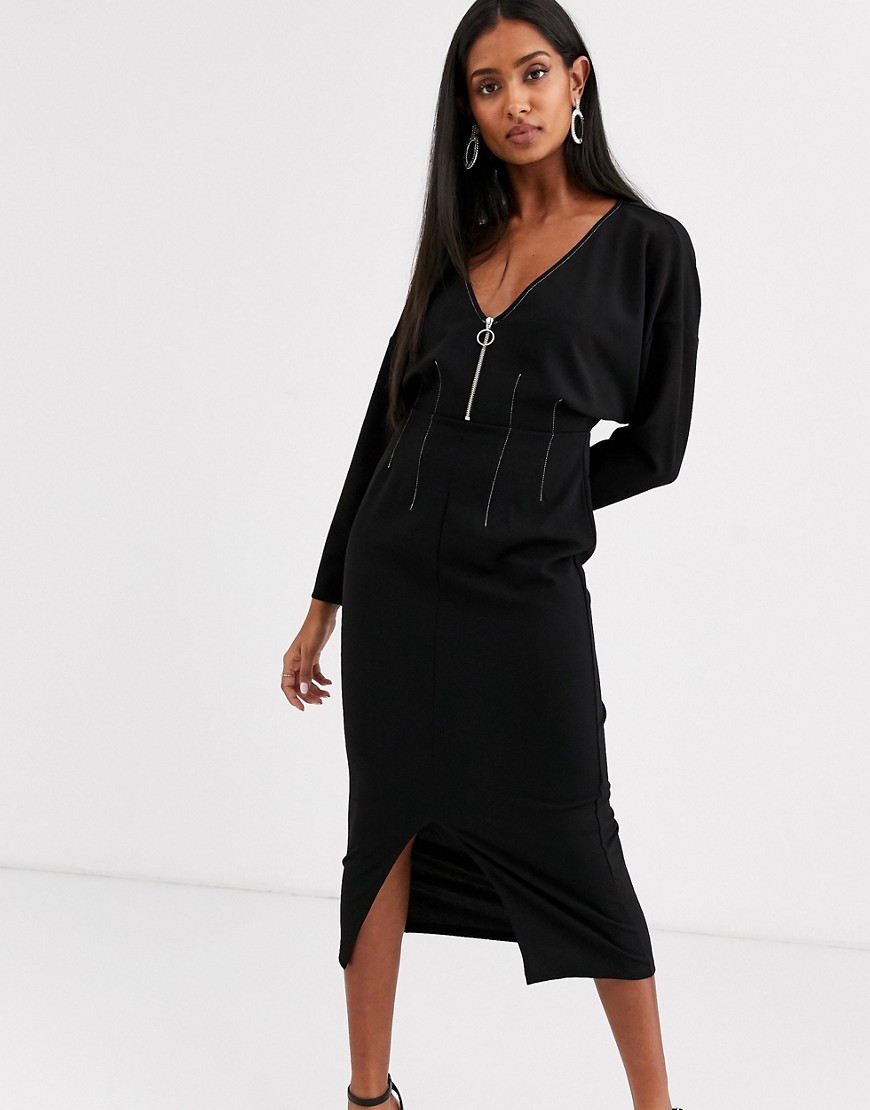 ASOS DESIGN - Vestito midi nero a maniche lunghe con zip sul davanti
