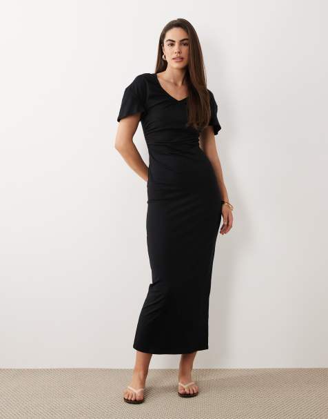ASOS DESIGN - Vestito midi nero arricciato con scollo a V - view 1