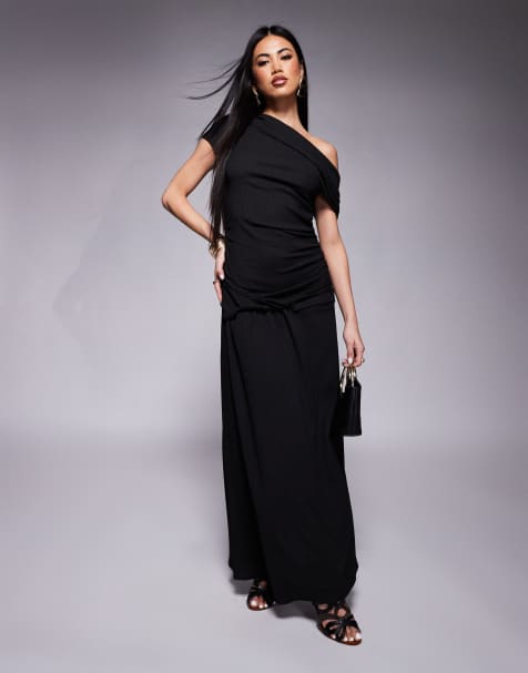 ASOS DESIGN - Vestito midi nero arricciato con vita asimmetrica e spalle scivolate - view 1