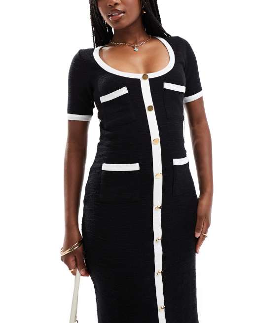 ASOS DESIGN - Vestito midi nero bouclé con bottoni e profili a contrasto, 2 di 4