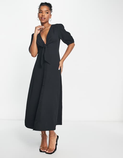 ASOS DESIGN - Vestito midi nero con allacciatura sul davanti e bottoni