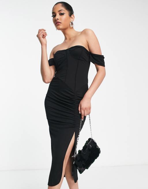 ASOS DESIGN - Vestito midi nero con corsetto e con spalle scoperte, 3 di 4