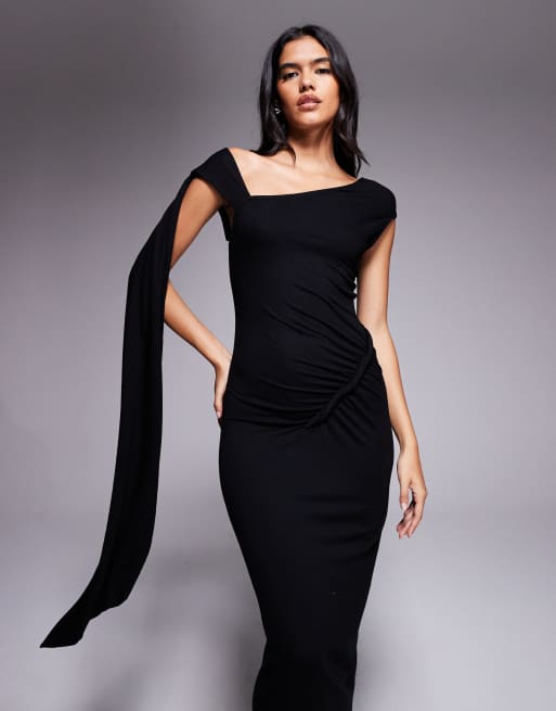 ASOS DESIGN - Vestito midi nero con dettaglio attorcigliato e fusciacca