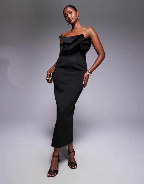 ASOS DESIGN - Vestito midi nero con fiore astratto sul busto - view 1