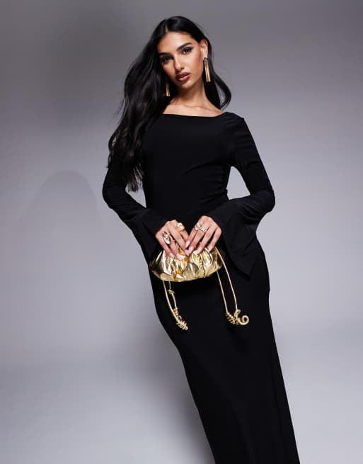 ASOS DESIGN Vestito midi nero con maniche a pipistrello, scollo