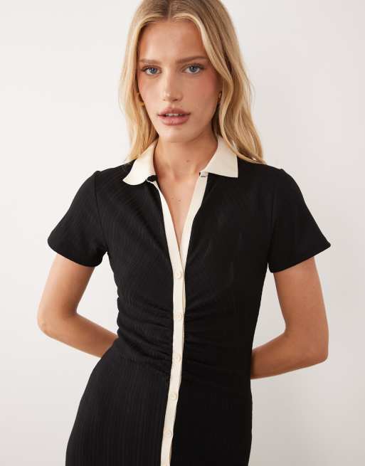 ASOS DESIGN - Vestito midi nero con maniche ad aletta e bottoni sul davanti con bordi a contrasto, 2 di 4
