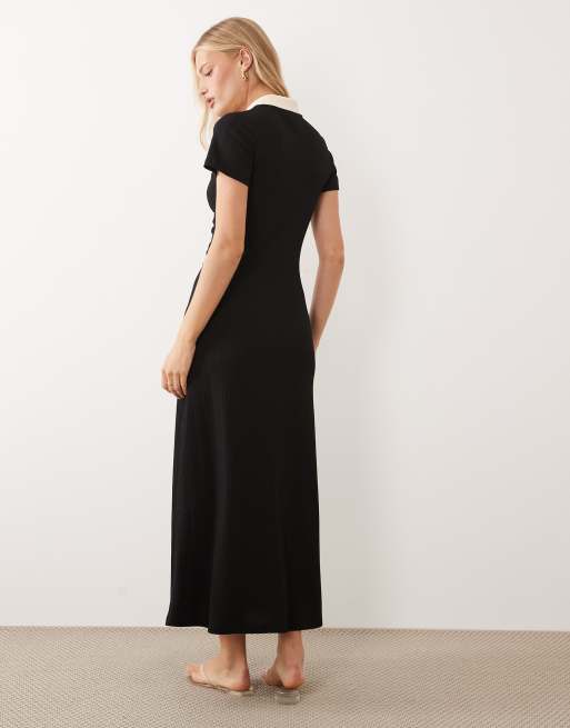 ASOS DESIGN - Vestito midi nero con maniche ad aletta e bottoni sul davanti con bordi a contrasto, 3 di 4