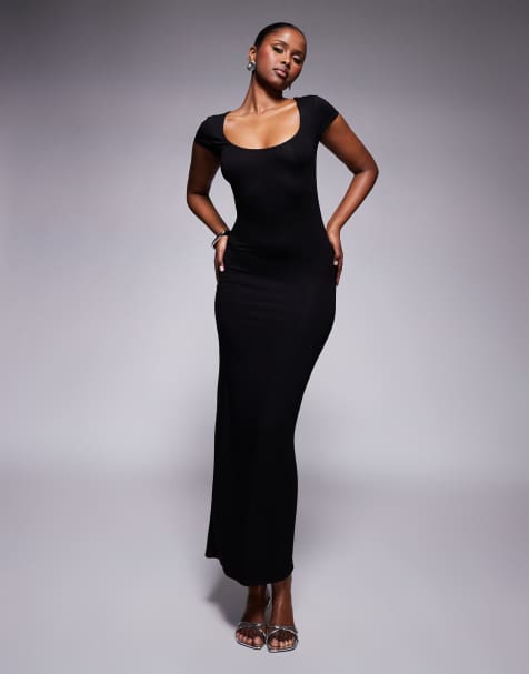 ASOS DESIGN - Vestito midi nero con maniche ad aletta e scollo rotondo ampio - view 1