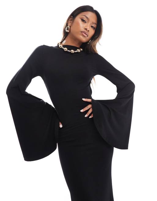 ASOS DESIGN - Vestito midi nero con maniche ampie e incrocio sul retro, 3 di 4