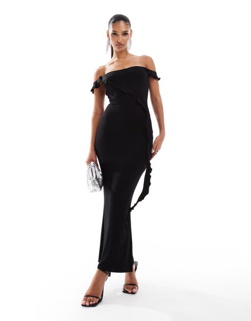 ASOS DESIGN - Vestito midi nero con scollo alla Bardot e volant asimmetrico