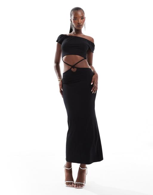 ASOS DESIGN - Vestito midi nero con scollo Bardot, fascette incrociate e allacciatura sul retro