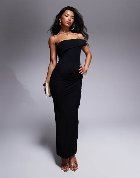 ASOS DESIGN - Vestito midi nero con scollo effetto Bardot e gonna longuette drappeggiata - view 1