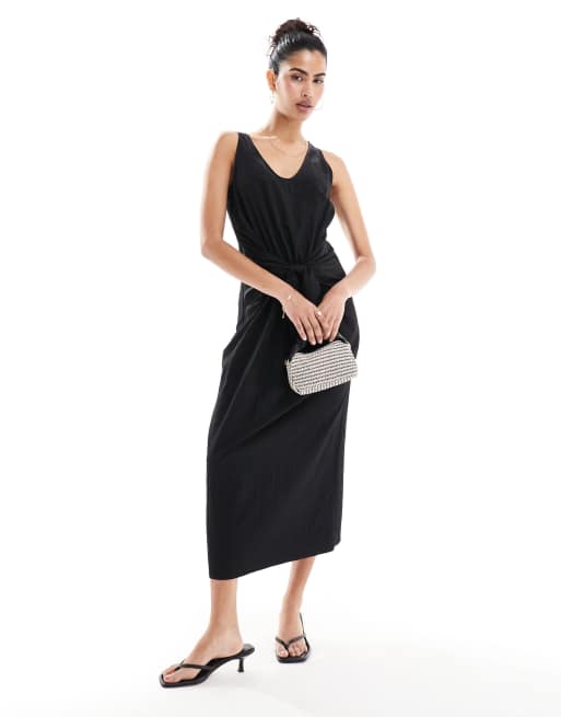 ASOS DESIGN - Vestito midi nero con scollo rotondo allacciato sul davanti