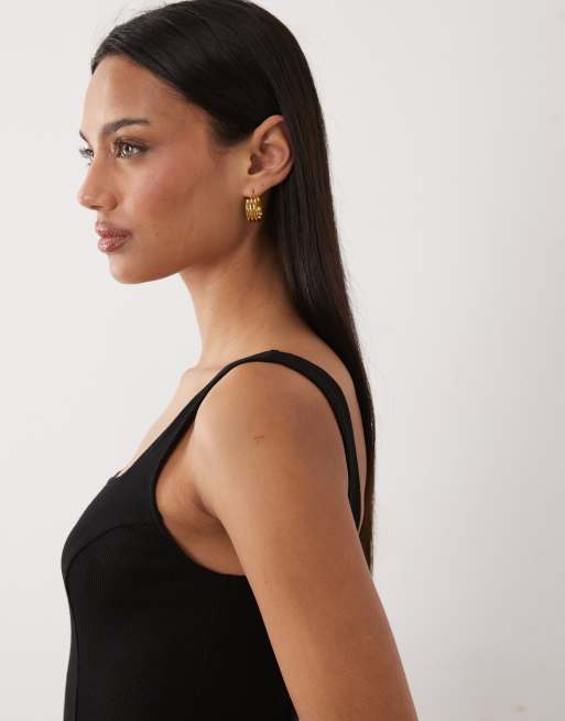 ASOS DESIGN - Vestito midi nero con scollo squadrato e cuciture a vista, 3 di 4