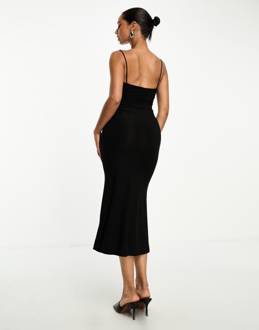 ASOS DESIGN - Vestito midi nero con spalline sottili, cut-out e dettaglio dorato, 3 di 4