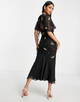 Vestito midi nero con taglio sbieco e decorazioni a fiorellini - ASOS DESIGN  donna Nero - immagine3