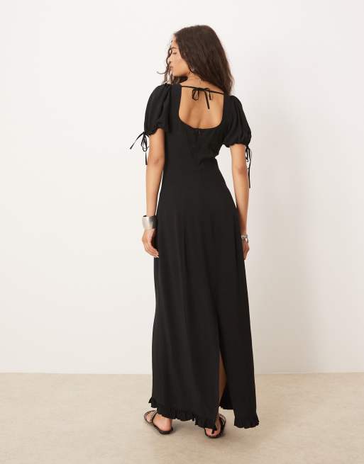 ASOS DESIGN - Vestito midi nero da giorno effetto lino, 3 di 4