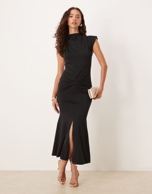 ASOS DESIGN - Vestito midi nero drappeggiato sul davanti