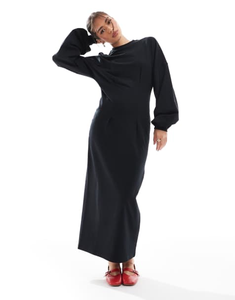 ASOS DESIGN - Vestito midi nero felpato stretto in vita - view 1