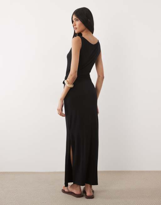 ASOS DESIGN - Vestito midi nero senza maniche avvolgente in vita, 4 di 4