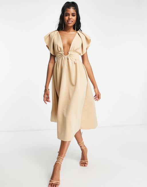 ASOS DESIGN - Vestito midi per il ballo di fine anno morbido color pietra con volant sulle maniche e dettaglio ad anello oro