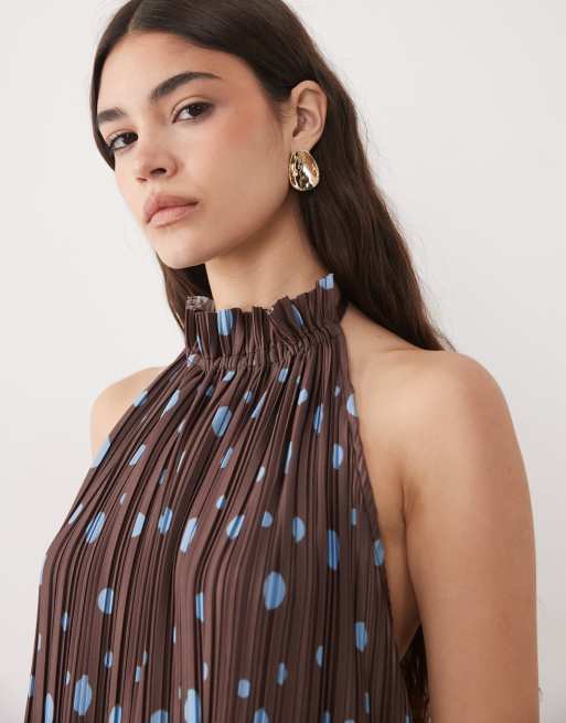 ASOS DESIGN - Vestito midi plissé allacciato al collo a pois, 3 di 4