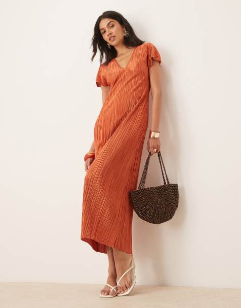 ASOS DESIGN - Vestito midi plissé color ruggine con scollo a V - view 1