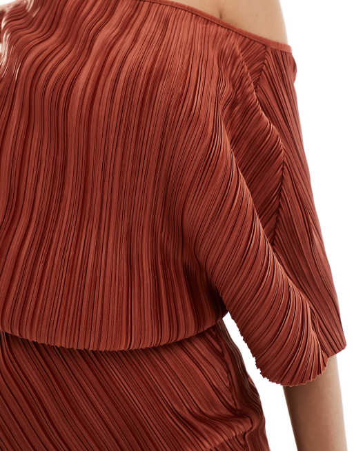 ASOS DESIGN - Vestito midi plissé color ruggine con spalla scesa, 3 di 4