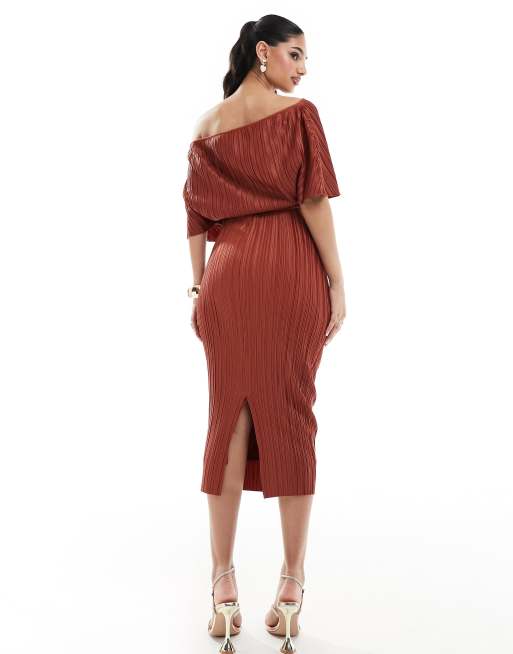 ASOS DESIGN - Vestito midi plissé color ruggine con spalla scesa, 4 di 4