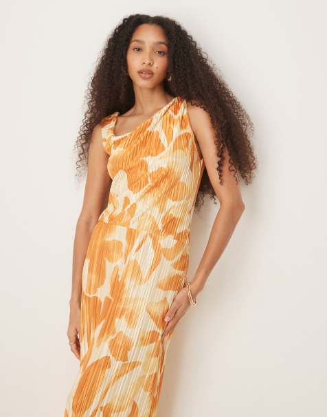 ASOS DESIGN - Vestito midi plissé con spalla scesa arancione a fiori - view 1