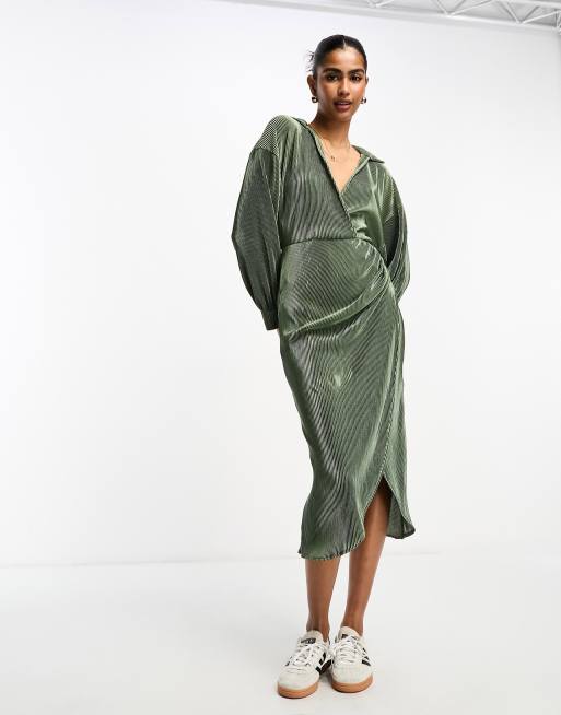 ASOS DESIGN - Vestito midi plissé kaki avvolgente con colletto, 4 di 4