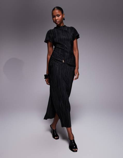 ASOS DESIGN - Vestito midi plissé nero con dettaglio attorcigliato e in metallo - view 1