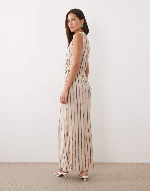 ASOS DESIGN - Vestito midi plissé senza maniche allacciato in vita a righe, 4 di 4