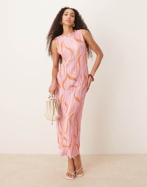 ASOS DESIGN - Vestito midi plissé senza maniche rosa con stampa astratta - view 1