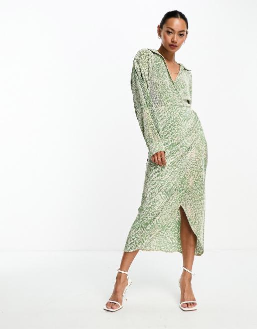 ASOS DESIGN - Vestito midi plissé verde con stampa animalier e colletto avvolgente , 4 di 4