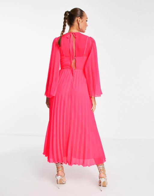 ASOS DESIGN Vestito midi plissettato rosa fluo con maniche