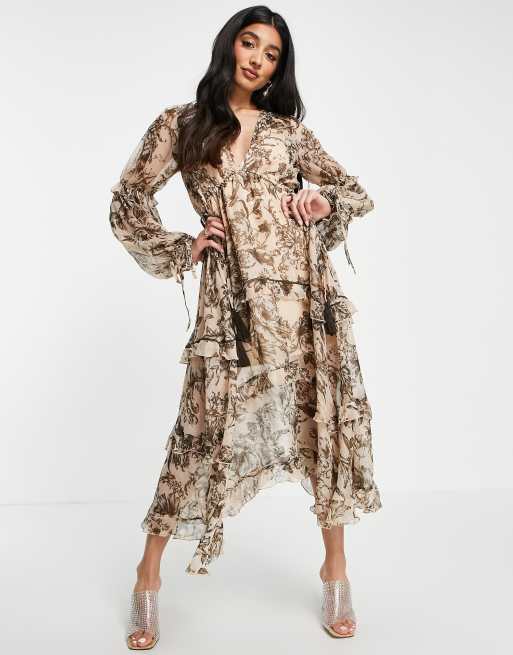 ASOS DESIGN - Vestito midi rosa a fiori a fasce con volant e con inserti in pizzo