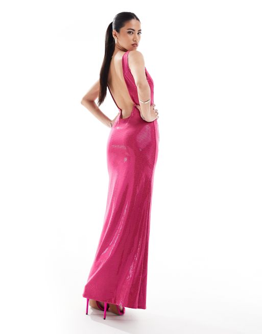 ASOS DESIGN - Vestito midi rosa acceso glitterato con scollo rotondo sul retro e scollo quadrato 