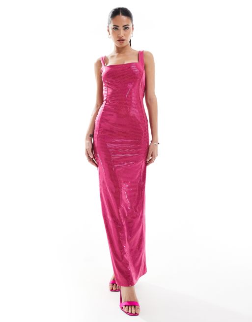 ASOS DESIGN - Vestito midi rosa acceso glitterato con scollo rotondo sul retro e scollo quadrato , 2 di 4