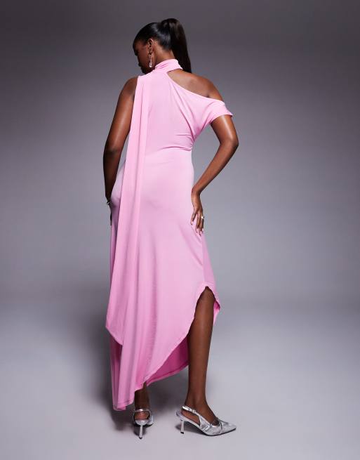 ASOS DESIGN - Vestito midi rosa asimmetrico con spalla scesa e allacciatura al collo, 4 di 4