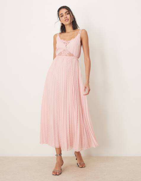 ASOS DESIGN - Vestito midi rosa chiaro a pieghe a doppio strato con inserto in pizzo - view 1