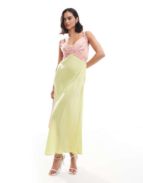 ASOS DESIGN - Vestito midi rosa e verde colorblock con bustino raccolto e inserto in pizzo - view 1