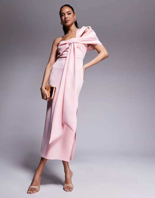 ASOS DESIGN - Vestito midi rosa in tessuto effetto scuba con spalla scoperta e fiocco, 2 di 4