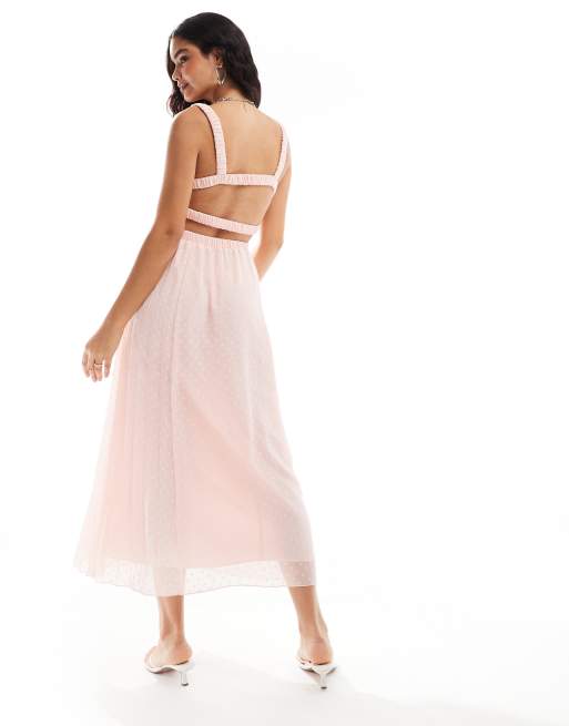 ASOS DESIGN - Vestito midi rosa pastello a pieghe con scollo profondo e cintura in vita, 2 di 4