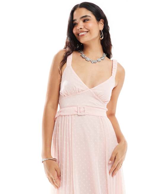 ASOS DESIGN - Vestito midi rosa pastello a pieghe con scollo profondo e cintura in vita, 4 di 4