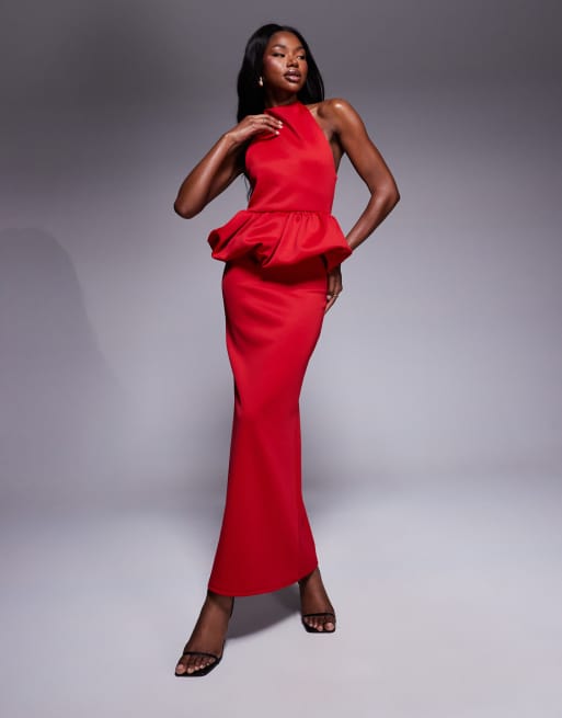 ASOS DESIGN - Vestito midi rosso accollato in tessuto scuba con peplo a sbuffo